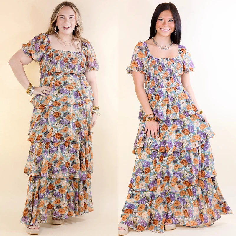 Maxi dresses with patchwork designs for a one - of - a - kind styleFun Feeling Floral Tiered Maxi Dress with Smocked Balloon Sleeves in Blue Mix Maxi dresses with patchwork designs for a one - of - a - kind styleFun Feeling Floral Tiered Maxi Dress with Smocked Balloon Sleeves in Blue Mix