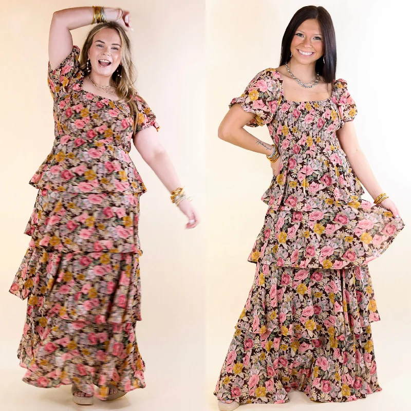 Maxi dresses with a halter neck for a stylish and sophisticated choiceFun Feeling Floral Tiered Maxi Dress with Smocked Balloon Sleeves in Brown Mix Maxi dresses with a halter neck for a stylish and sophisticated choiceFun Feeling Floral Tiered Maxi Dress with Smocked Balloon Sleeves in Brown Mix
