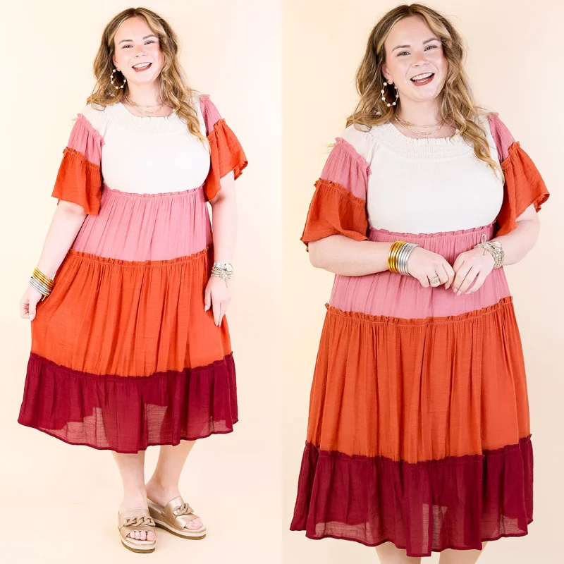 Floral print maxi dresses for summer garden partiesIn the Villa Color Block Off the Shoulder Midi Dress in Ivory, Rust, Mauve, and Maroon Floral print maxi dresses for summer garden partiesIn the Villa Color Block Off the Shoulder Midi Dress in Ivory, Rust, Mauve, and Maroon