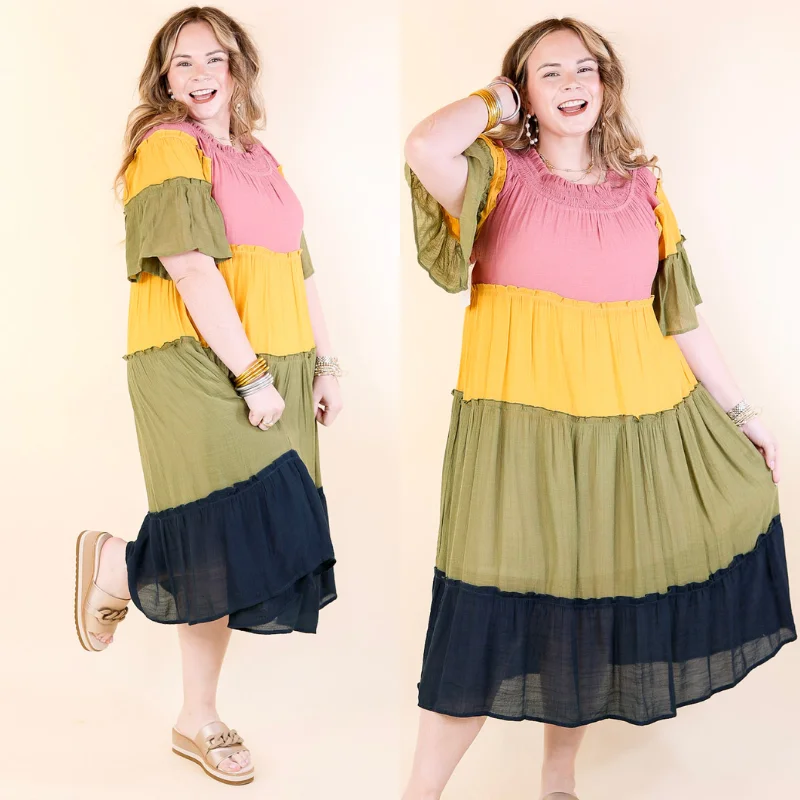 Animal print maxi dresses for a statement - making outfitIn the Villa Color Block Off the Shoulder Midi Dress in Mustard, Olive, Mauve, and Navy Animal print maxi dresses for a statement - making outfitIn the Villa Color Block Off the Shoulder Midi Dress in Mustard, Olive, Mauve, and Navy