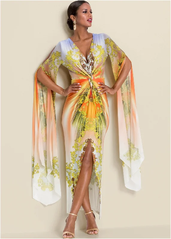 Maxi dresses with an asymmetric hem for a fashion - forward and eye - catching designExaggerated Sleeve Dress - Yellow Multi Maxi dresses with an asymmetric hem for a fashion - forward and eye - catching designExaggerated Sleeve Dress - Yellow Multi