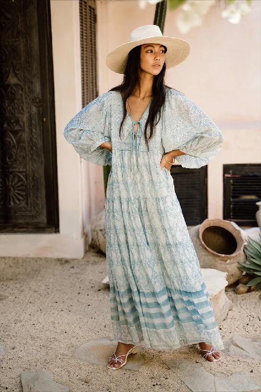 Maxi dresses with fringe trim for a bohemian vibeJasmine Maxi Dress - Sea Mist