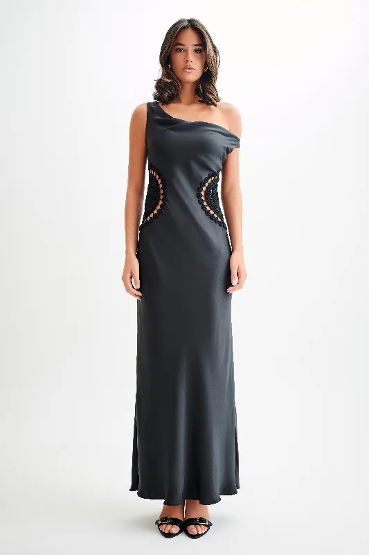 Maxi dresses with pom - pom trims for a playful and festive lookKristina Satin Maxi Dress With Crochet - Black Maxi dresses with pom - pom trims for a playful and festive lookKristina Satin Maxi Dress With Crochet - Black