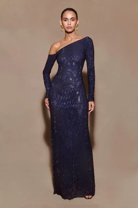 Printed maxi dresses with abstract patterns for an artistic lookMarcia Diamante Long Sleeve Maxi Dress - Navy Printed maxi dresses with abstract patterns for an artistic lookMarcia Diamante Long Sleeve Maxi Dress - Navy