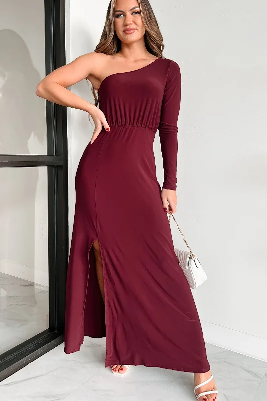 Maxi dresses with cold - shoulder cutouts for a trendy lookOnly If It's About Me One Shoulder Maxi Dress (Burgundy) Maxi dresses with cold - shoulder cutouts for a trendy lookOnly If It's About Me One Shoulder Maxi Dress (Burgundy)
