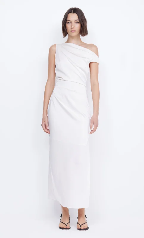 Satin maxi dresses with a high - low hem for a modern twistROCHELLE ASYM MIDI DRESS - CREAM Satin maxi dresses with a high - low hem for a modern twistROCHELLE ASYM MIDI DRESS - CREAM