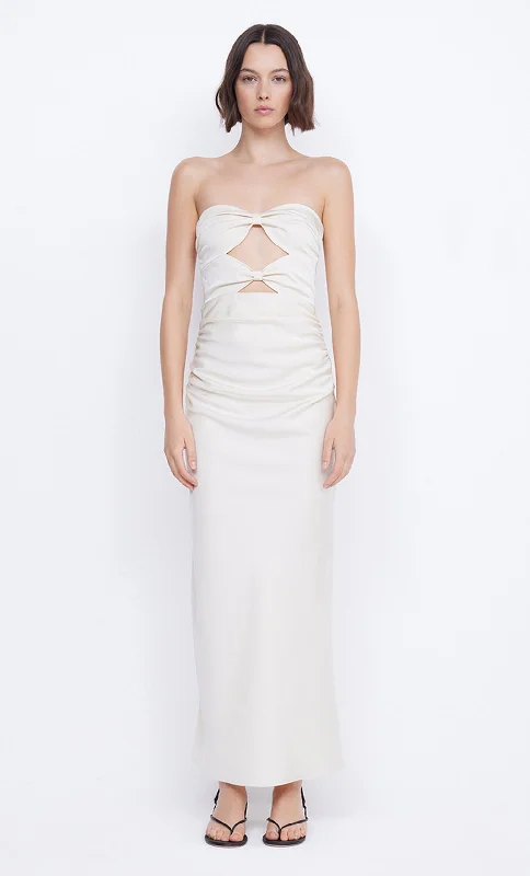 Leather maxi dresses for an edgy and bold appearanceROCHELLE TWIST STRAPLESS DRESS - CREAM Leather maxi dresses for an edgy and bold appearanceROCHELLE TWIST STRAPLESS DRESS - CREAM