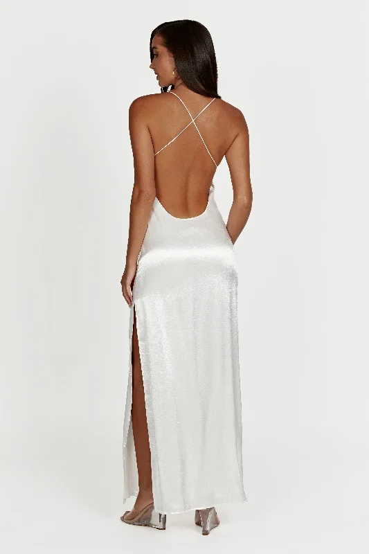 Denim maxi dresses with frayed hems for a casual lookWhitney Wetlook Maxi Dress - White Denim maxi dresses with frayed hems for a casual lookWhitney Wetlook Maxi Dress - White