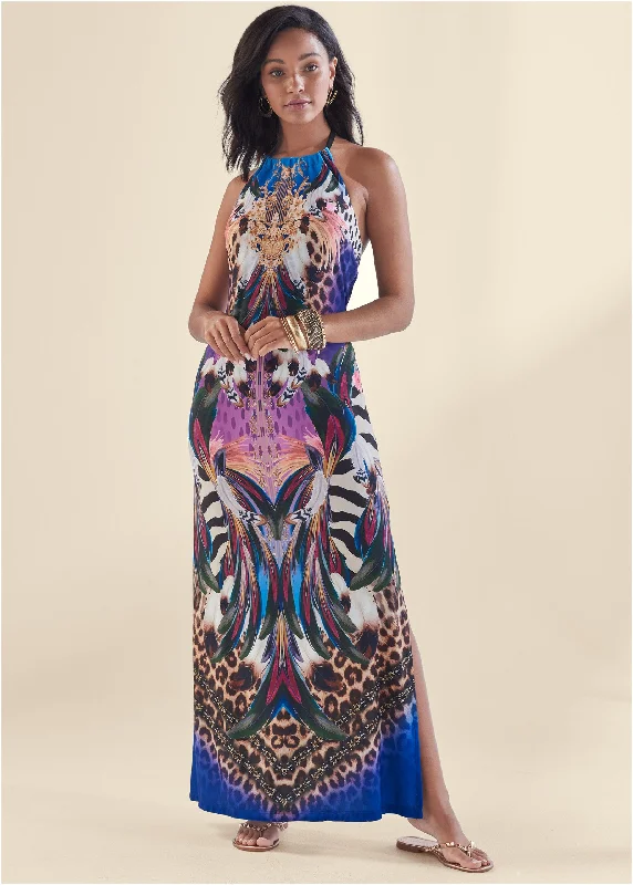 Maxi dresses with ribbed textures for a unique and tactile lookJungle Party Halter Dress - Purple Multi Maxi dresses with ribbed textures for a unique and tactile lookJungle Party Halter Dress - Purple Multi