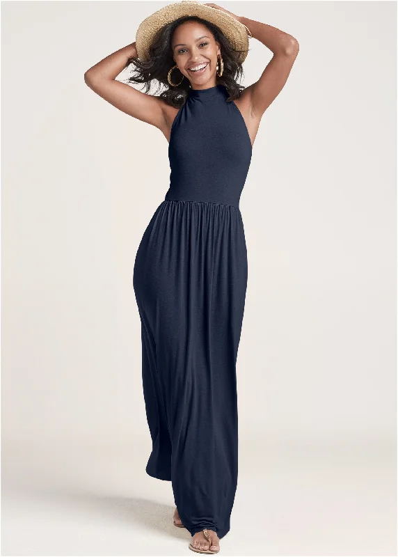 Metallic maxi dresses for a glamorous New Year's Eve partyHigh Neck Maxi Dress - Navy Metallic maxi dresses for a glamorous New Year's Eve partyHigh Neck Maxi Dress - Navy