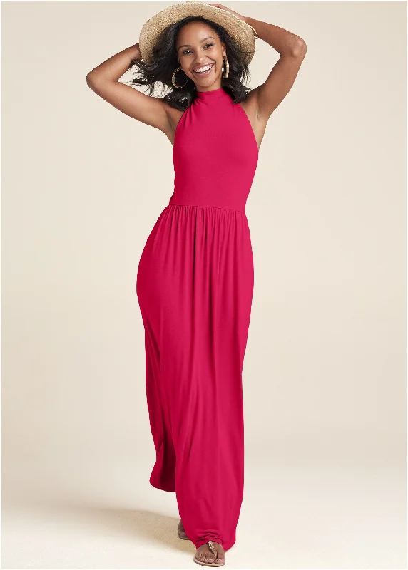 Maxi dresses with bow accents at the waist for a sweet appearanceHigh Neck Maxi Dress - Dark Pink Maxi dresses with bow accents at the waist for a sweet appearanceHigh Neck Maxi Dress - Dark Pink