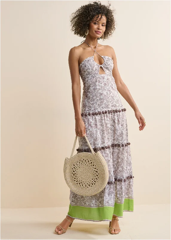 Strapless maxi dresses for a beachside vacationTiered Tassel Maxi Dress - Brown & Green Strapless maxi dresses for a beachside vacationTiered Tassel Maxi Dress - Brown & Green