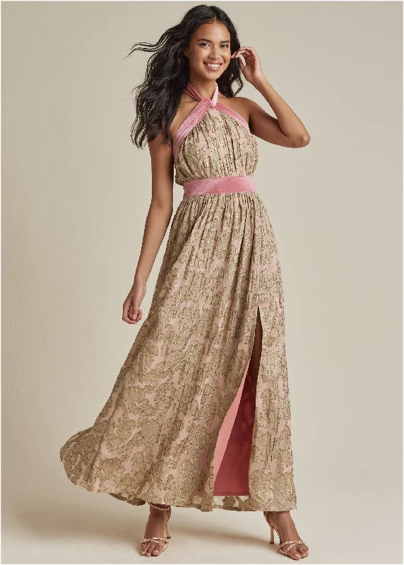 Maxi dresses with a ruched bodice for a more form - fitting and feminine shapeJacquard Halter Gown - Blush Maxi dresses with a ruched bodice for a more form - fitting and feminine shapeJacquard Halter Gown - Blush