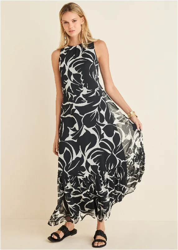 Cotton maxi dresses for a comfortable and everyday - wear optionRuffle Hem Maxi Dress - Woodcut Botanical Cotton maxi dresses for a comfortable and everyday - wear optionRuffle Hem Maxi Dress - Woodcut Botanical