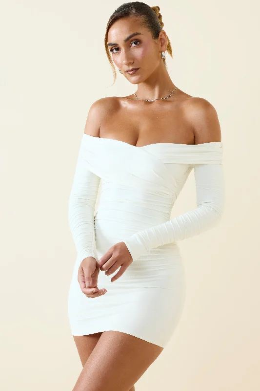 Sheer mini dresses with lace insertsOff-Shoulder Ruched Bodycon Mini Dress in Vanilla Sheer mini dresses with lace insertsOff-Shoulder Ruched Bodycon Mini Dress in Vanilla