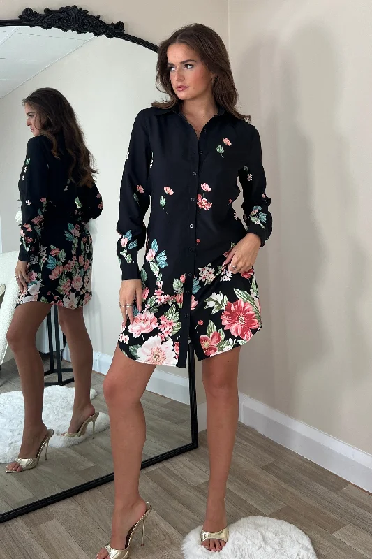 Mini dresses with button - down frontsAlana Floral Boarder Print Shirt Dress Black