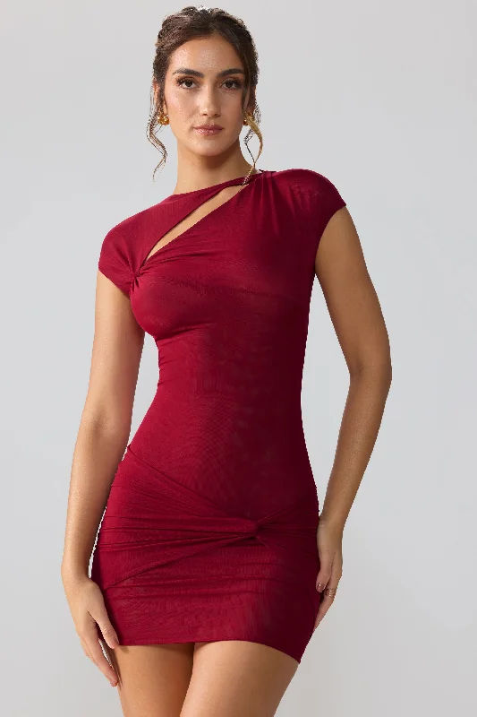 Strapless mini dresses for a beach vacationMesh Cap Sleeve Cut Out Mini Dress in Ruby Strapless mini dresses for a beach vacationMesh Cap Sleeve Cut Out Mini Dress in Ruby