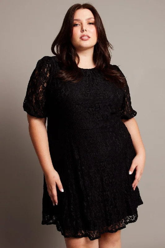 Satin mini dresses for a luxurious feelBlack Lace Puff Sleeve Mini Dress