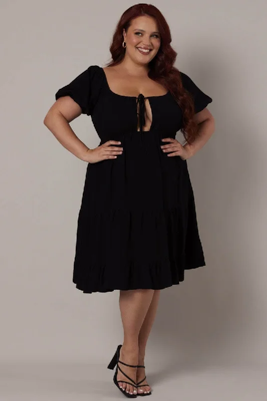Linen mini dresses for a breathable summer optionBlack Mini Dress Linen Blend Puff Sleeve Sweetheart Neck