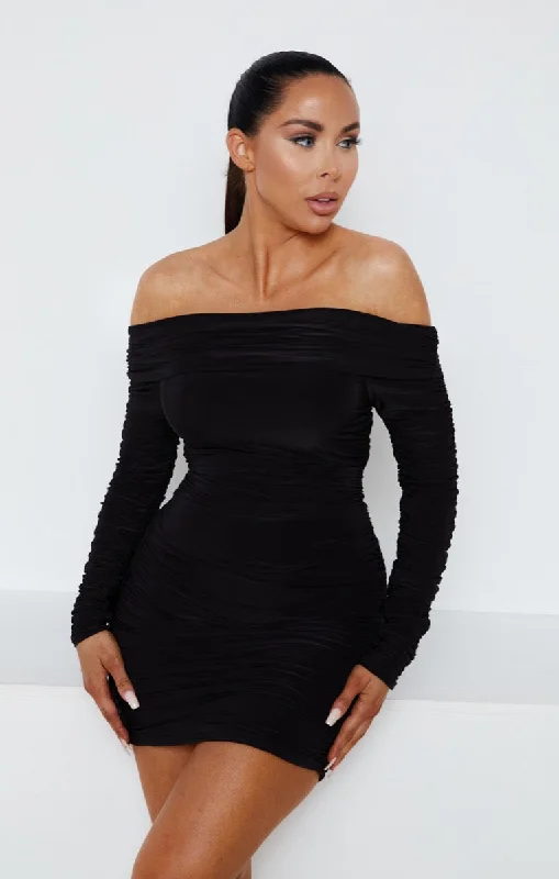 Velvet mini dresses for autumn weddingsBlack Ruched Bardot Off The Shoulder Long Sleeve Bodycon Mini Dress - Brook Velvet mini dresses for autumn weddingsBlack Ruched Bardot Off The Shoulder Long Sleeve Bodycon Mini Dress - Brook