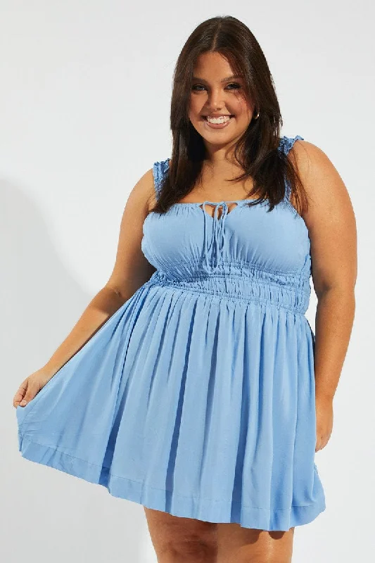 Mini dresses with tassel accents for a fun touchBlue Tie Front Frill Strap Mini Dress