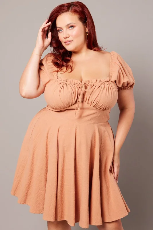 Mini dresses with polka dot patternsBrown Corset Puff Sleeve Mini Dress
