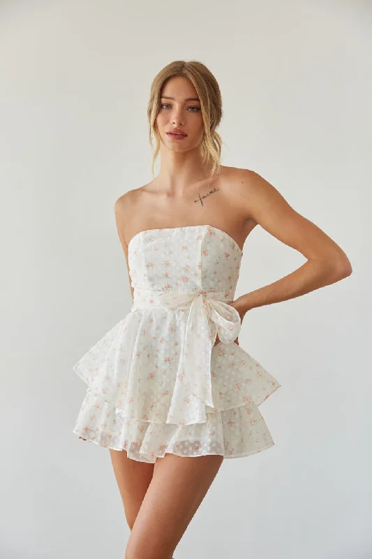 Mini dresses with geometric prints for a modern aestheticLucille Strapless Floral Romper