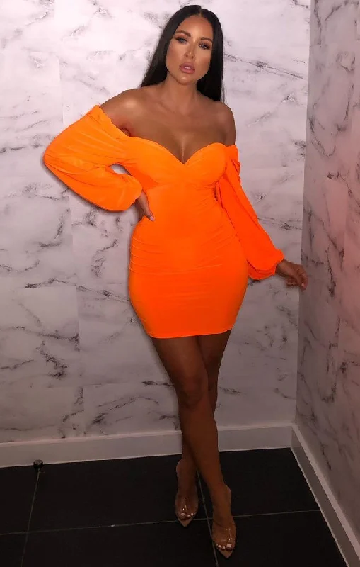 Mini dresses with side slits for a sexy appealNeon Orange Slinky Balloon Sleeve Bardot Mini Dress - Meghan Mini dresses with side slits for a sexy appealNeon Orange Slinky Balloon Sleeve Bardot Mini Dress - Meghan