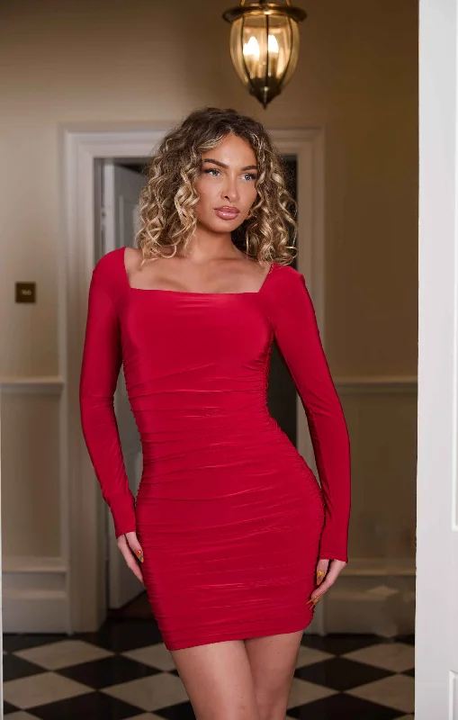 Mini dresses with beaded embellishments for a fancy eventRed Square Neck Ruched Bodycon Mini Dress - Gina Mini dresses with beaded embellishments for a fancy eventRed Square Neck Ruched Bodycon Mini Dress - Gina