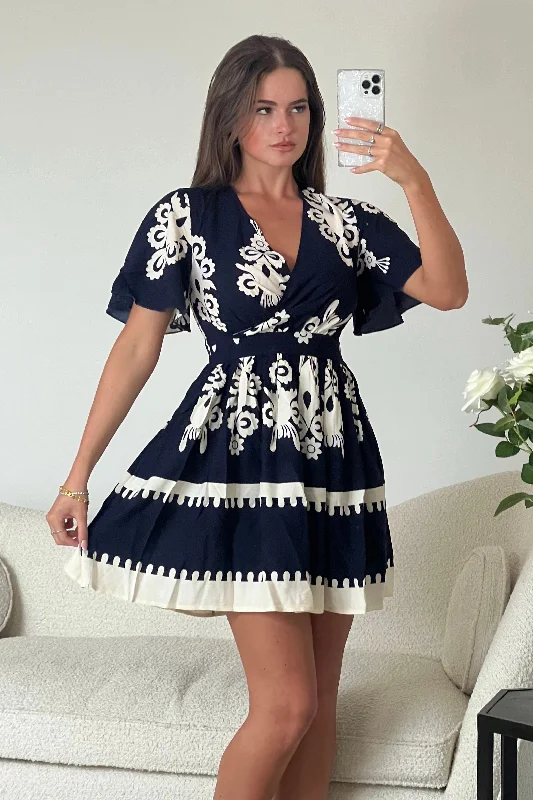 Floral print mini dresses for summer partiesSuzanne Blue Boarder Mini Dress