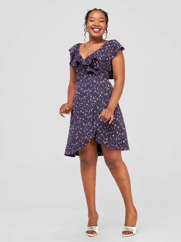 Denim mini dresses with distressed detailsTuli Lerato Wrap Dress - Navy Blue Floral Print Denim mini dresses with distressed detailsTuli Lerato Wrap Dress - Navy Blue Floral Print