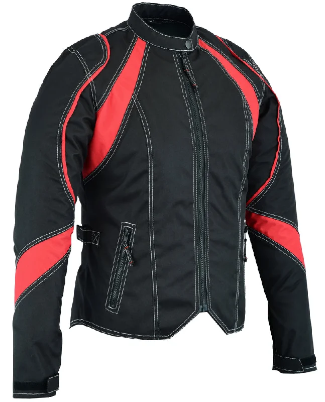 Women's moto jackets with a lace - up front for a unique and stylish touchDS826RD Women's Embroidered Crown Riding Jacket - Red Women's moto jackets with a lace - up front for a unique and stylish touchDS826RD Women's Embroidered Crown Riding Jacket - Red