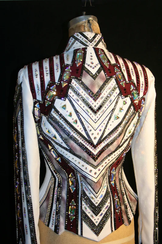 Women's bomber jackets with floral embroidery for a feminine and unique design#2001 White and Burgundy Show Jacket, Ladies M, 8637-34 Women's bomber jackets with floral embroidery for a feminine and unique design#2001 White and Burgundy Show Jacket, Ladies M, 8637-34