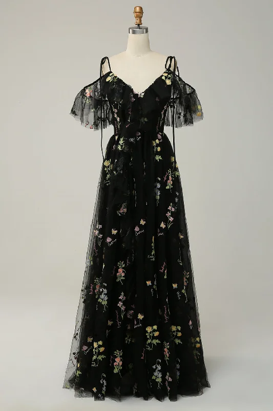 Halter - neck party dresses for a stylish and secure fitA-Line Cold Shoulder Black Long Prom Dress with Embroidery Halter - neck party dresses for a stylish and secure fitA-Line Cold Shoulder Black Long Prom Dress with Embroidery