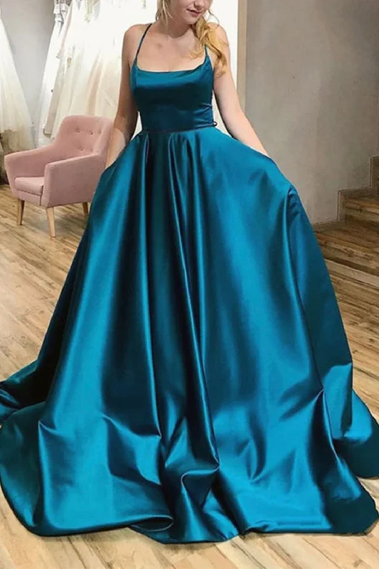 Party dresses with a paisley pattern for a bohemian - inspired lookA-Line Halter Peacock Blue Satin Long Prom Dress Party dresses with a paisley pattern for a bohemian - inspired lookA-Line Halter Peacock Blue Satin Long Prom Dress