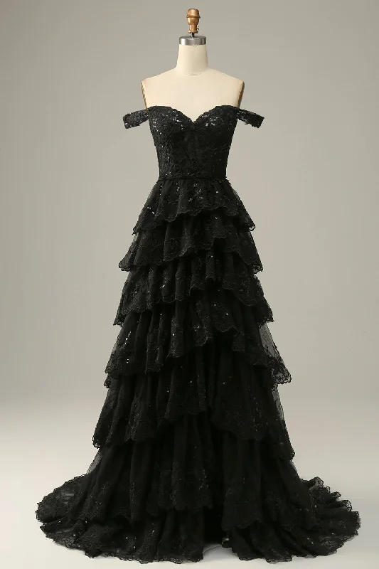 Party dresses with a V - neck design to enhance the necklineA-Line Off the Shoulder Black Long Prom Dress with Appliques Party dresses with a V - neck design to enhance the necklineA-Line Off the Shoulder Black Long Prom Dress with Appliques