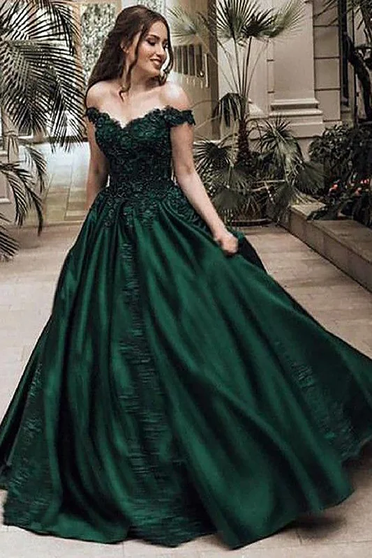 Party dresses with a fringed detail for a fun and dynamic styleA-Line Off the Shoulder Dark Green Satin Long Prom Dress with Appliques Party dresses with a fringed detail for a fun and dynamic styleA-Line Off the Shoulder Dark Green Satin Long Prom Dress with Appliques
