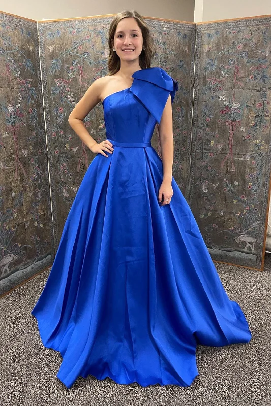 Party dresses with a pom - pom trim for a fun and festive touchA Line One Shoulder Royal Blue Long Prom Dress with Bowknot Party dresses with a pom - pom trim for a fun and festive touchA Line One Shoulder Royal Blue Long Prom Dress with Bowknot