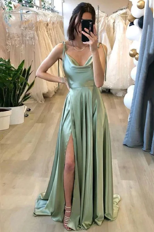 Backless party dresses for a sexy and alluring appearanceA Line Spaghetti Straps Light Green Long Prom Dress with Silt Backless party dresses for a sexy and alluring appearanceA Line Spaghetti Straps Light Green Long Prom Dress with Silt