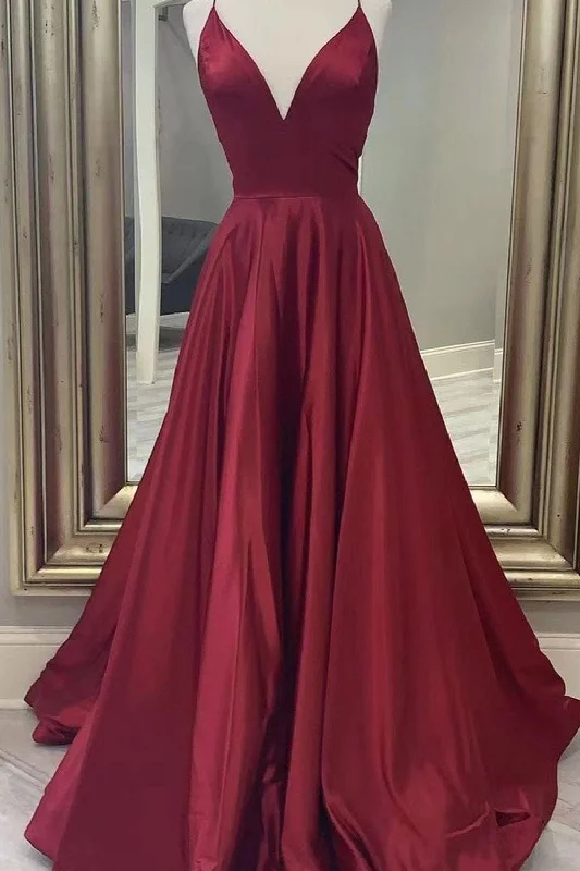 Satin party dresses with a smooth and lustrous finish​A-Line Spaghetti Straps Satin Burgundy Long Prom Dress