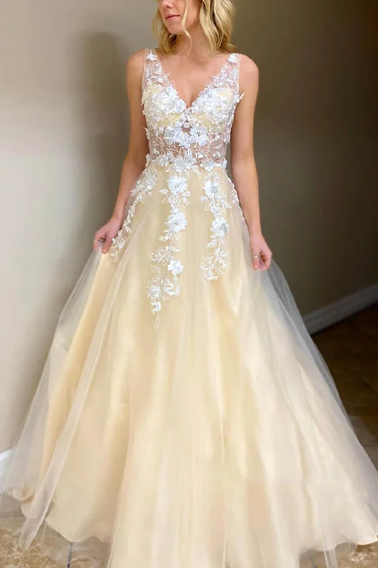 Party dresses with a one - shoulder design for a modern and unique lookA-Line V-Neck Champagne Long Prom Dress with Appliques Party dresses with a one - shoulder design for a modern and unique lookA-Line V-Neck Champagne Long Prom Dress with Appliques