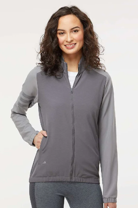 Women's quilted puffer jackets in a cropped silhouette for a modern twistAdidas Womens 3 Stripes Full Zip Jacket - Grey Women's quilted puffer jackets in a cropped silhouette for a modern twistAdidas Womens 3 Stripes Full Zip Jacket - Grey
