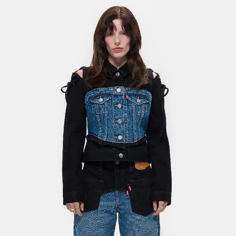 Mid - length women's down coats in a slim fit for a modern and sleek appearanceAndersson Bell Half Trucker Jacket in Blue/Black Mid - length women's down coats in a slim fit for a modern and sleek appearanceAndersson Bell Half Trucker Jacket in Blue/Black