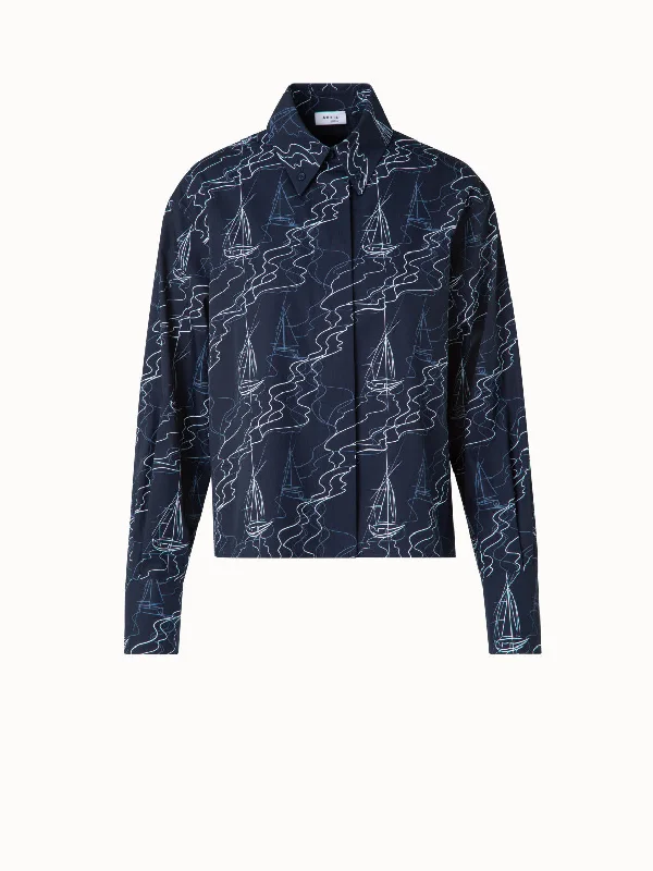 Women's quilted puffer jackets in a cropped silhouette for a modern twistBoxy Blouse in Cotton with Sailboat Print Women's quilted puffer jackets in a cropped silhouette for a modern twistBoxy Blouse in Cotton with Sailboat Print