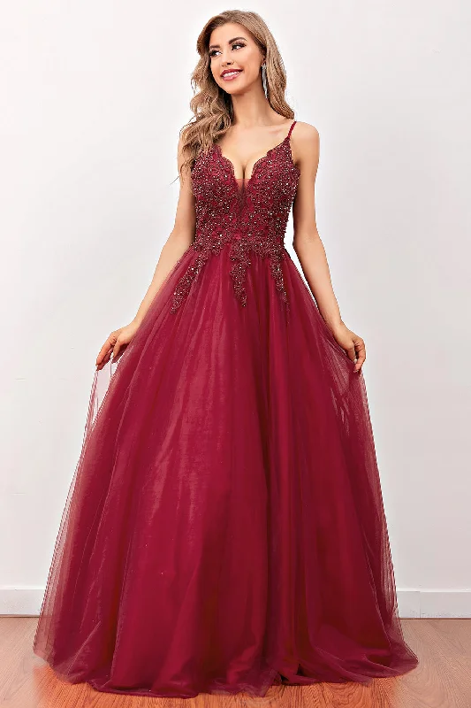 Party dresses with a V - neck design to enhance the necklineBurgundy Spaghetti Straps Long Prom Dress with Beading Party dresses with a V - neck design to enhance the necklineBurgundy Spaghetti Straps Long Prom Dress with Beading