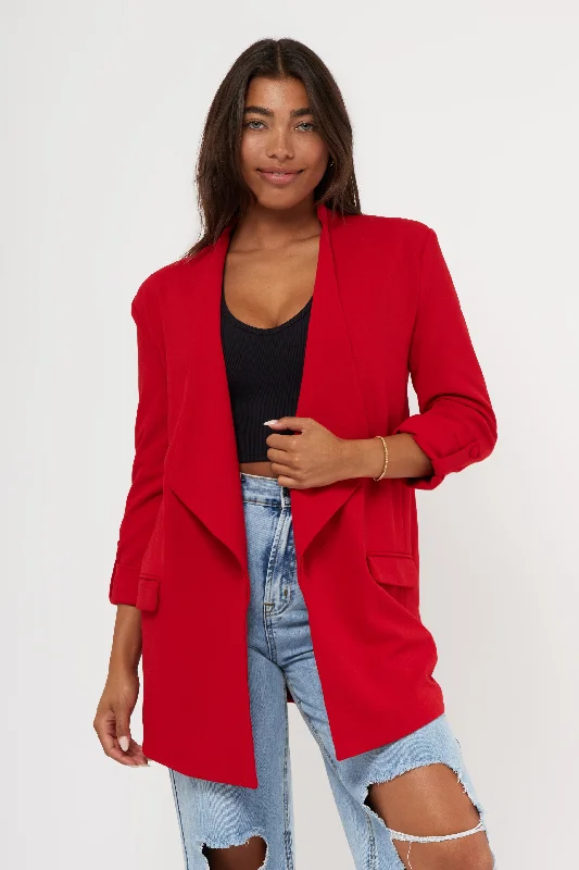 Women's long - line cardigan jackets in a soft knit for a cozy and elegant lookCascade Front Knit Crepe Blazer Women's long - line cardigan jackets in a soft knit for a cozy and elegant lookCascade Front Knit Crepe Blazer