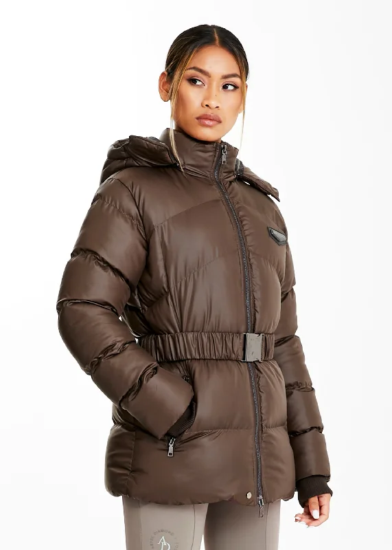 Quilted down women's coats with removable hoods for outdoor activitiesSecond Quality - Chocolate Belted Puffer Jacket Quilted down women's coats with removable hoods for outdoor activitiesSecond Quality - Chocolate Belted Puffer Jacket