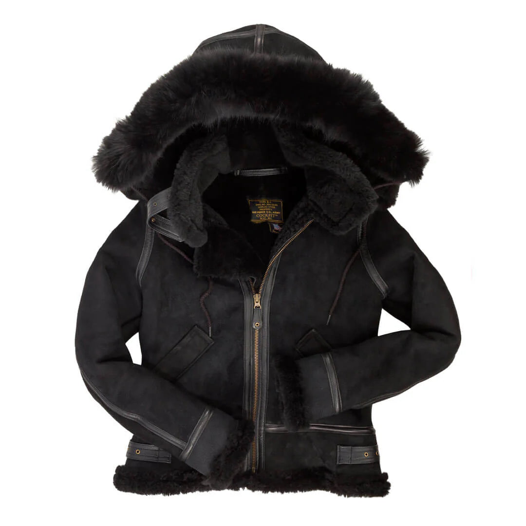 Women's denim jackets with a patchwork design for a bohemian and artsy styleCockpit USA Women's Hooded B-3 Bomber Jacket in Black Women's denim jackets with a patchwork design for a bohemian and artsy styleCockpit USA Women's Hooded B-3 Bomber Jacket in Black