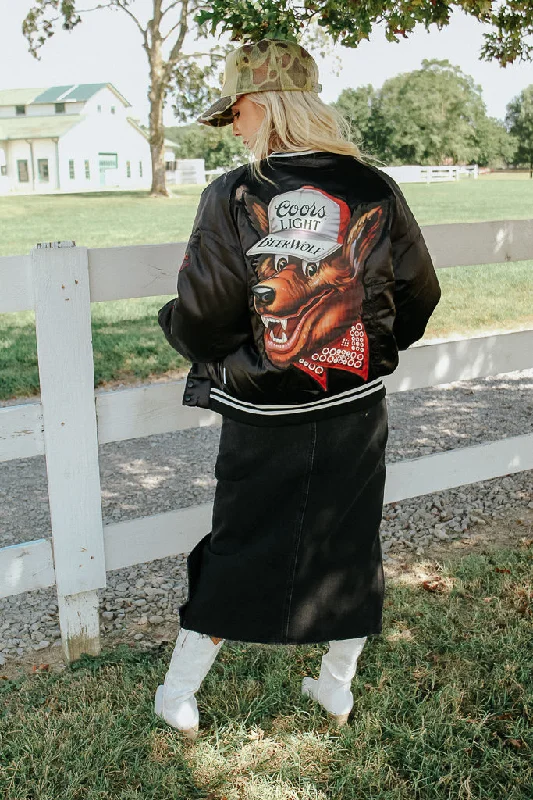 Women's cropped leather jackets with a fringe detail for a western - inspired outfitCoors Light Beer Wolf Varsity Jacket - Black Women's cropped leather jackets with a fringe detail for a western - inspired outfitCoors Light Beer Wolf Varsity Jacket - Black
