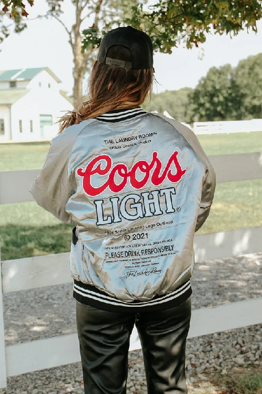 Women's long - length wool blend jackets for a warm and stylish winter lookCoors Light Official TM Varsity Jacket - Silver Women's long - length wool blend jackets for a warm and stylish winter lookCoors Light Official TM Varsity Jacket - Silver